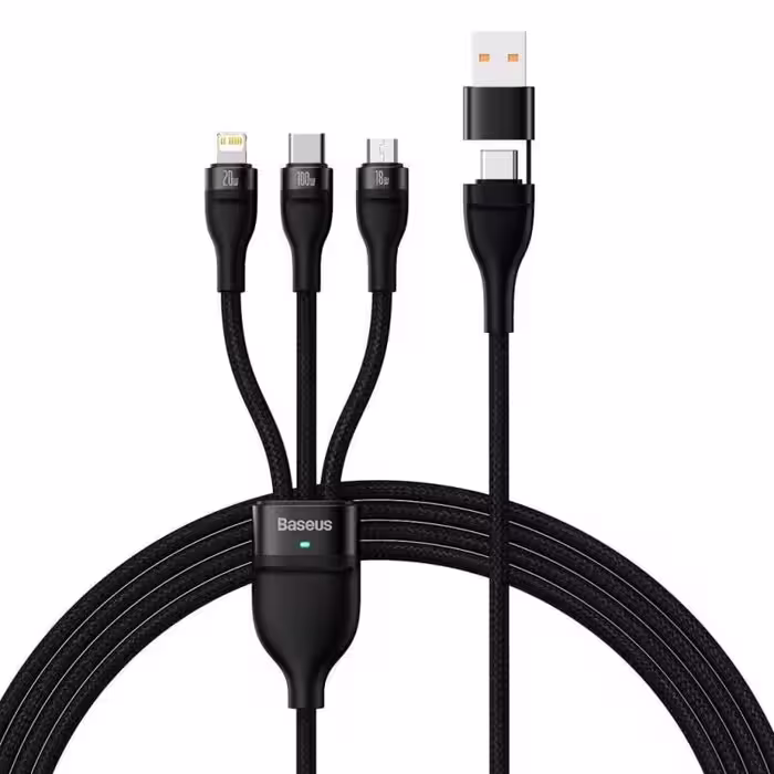 کابل تبدیل USB/USB-C به لایتنینگ /USB-C/micro-USB باسئوس مدل TWO-FOR-THREE FASH CHARHING CABLE 100W طول 1.2 متر