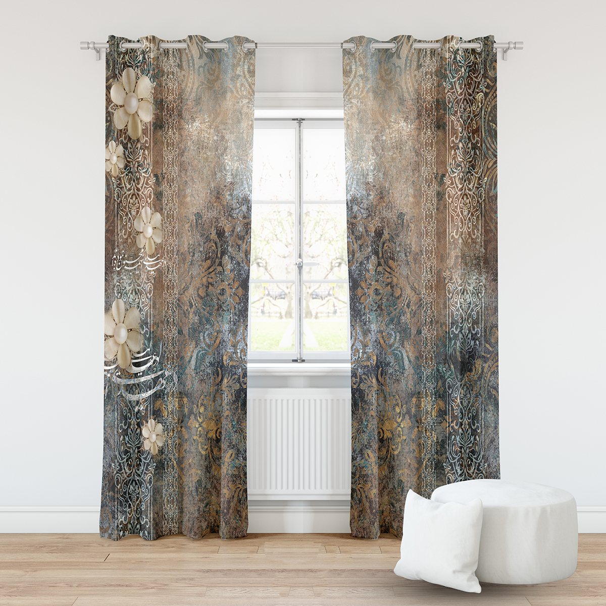 پرده مدل پانچی طرح گل داماسک سایز 280x145 سانتی متر