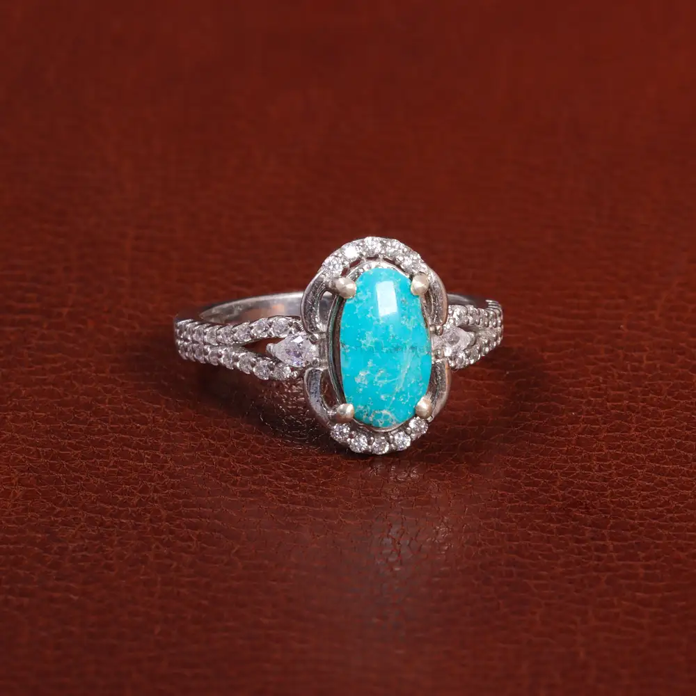 انگشتر فیروزه عجمی زنانه کد 27616 - جواهری مشاهیر