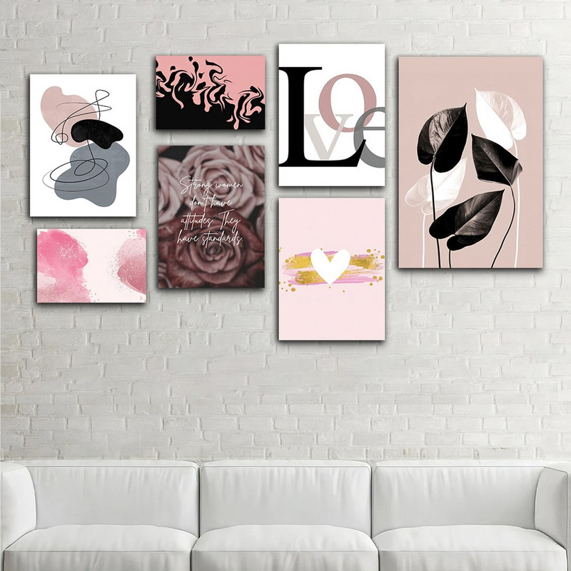 تابلو شاسی دنیای قابطرح نقاشی گل رز و مینیمال مدل SH-732 مجموعه 7 عددی | دنیای قاب