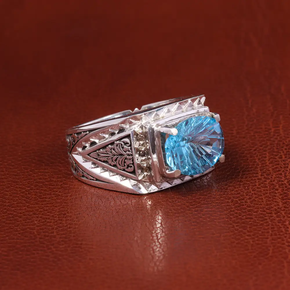 انگشتر توپاز آبی مردانه کد 19870 - جواهری مشاهیر