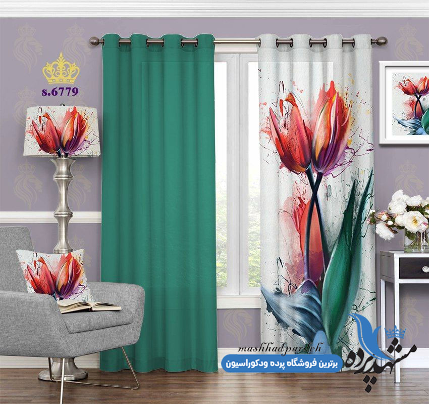 پرده پانچ گل طرح آبرنگ گل کد 6779-s