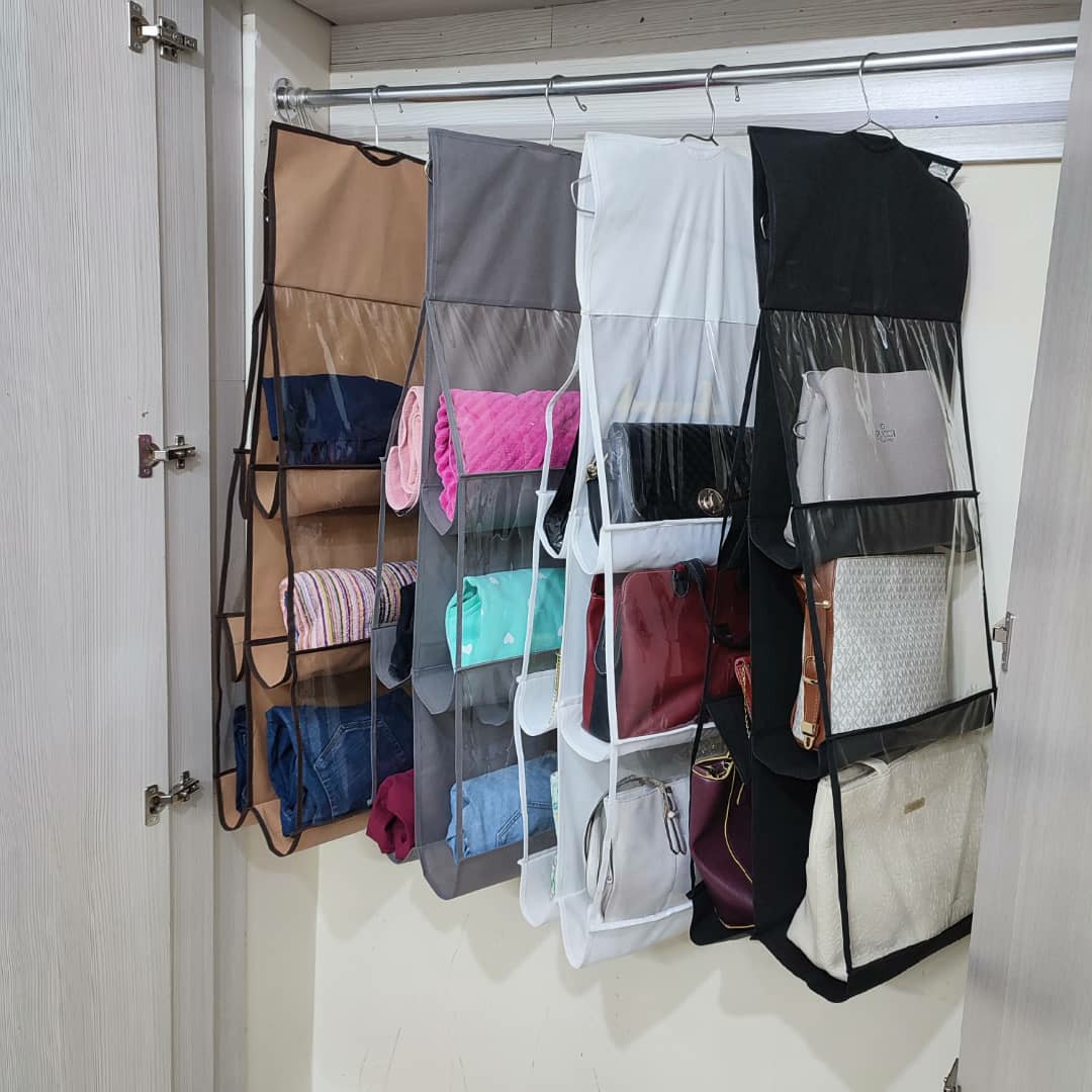 12 عدد  نظم دهنده آویز کیف 8 تایی و 6 تایی با پارچه و تلق مقاوم قابل شستشو