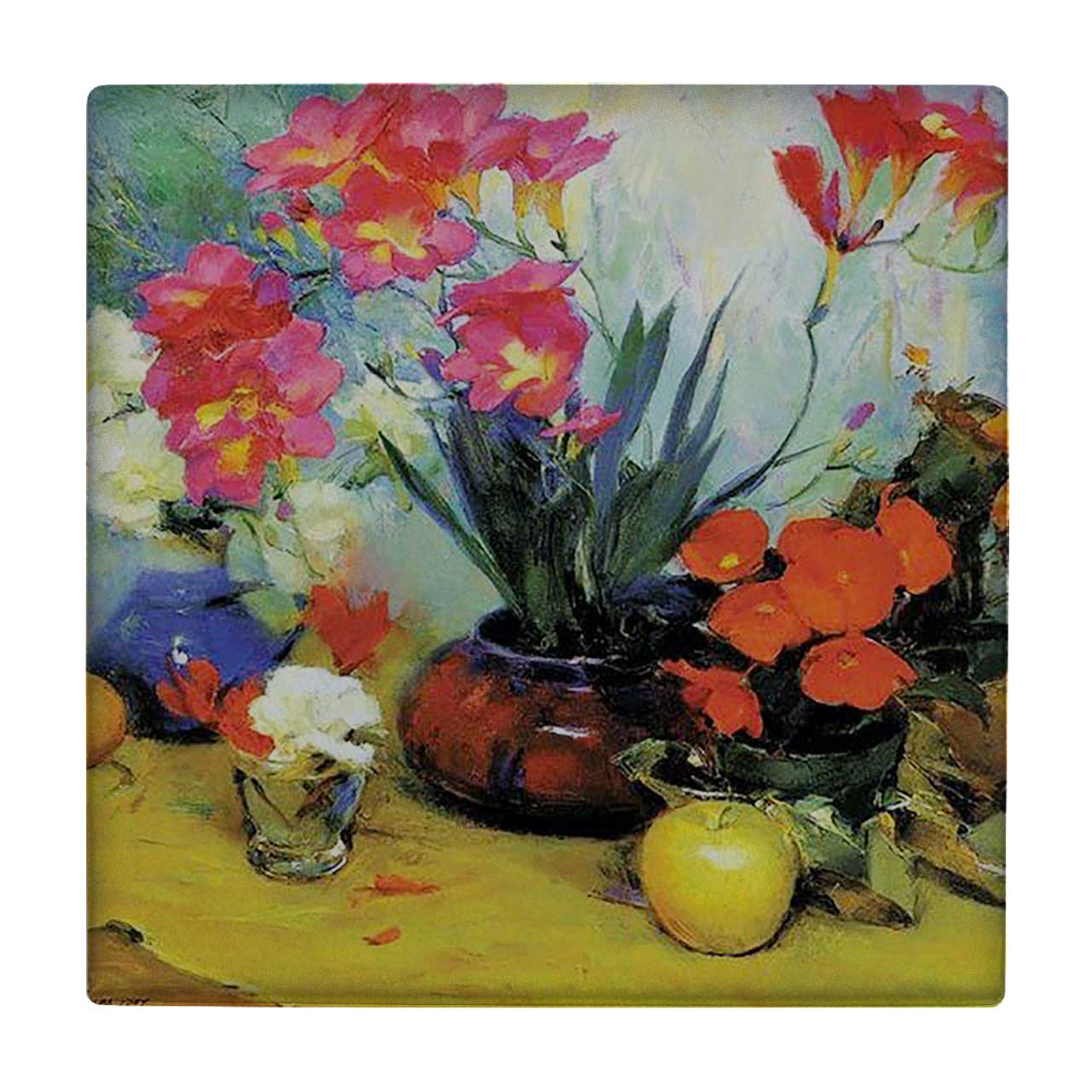 کاشی کارنیلا طرح نقاشی گلدان های گل و سیب مدل لوحی کد klh767