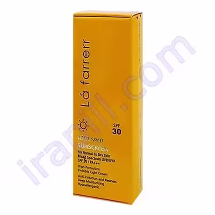 کرم ضد آفتاب و ضد لک بی رنگ مخصوص پوستهای خشک و معمولی SPF 30  لافارر 40میلی لیتر