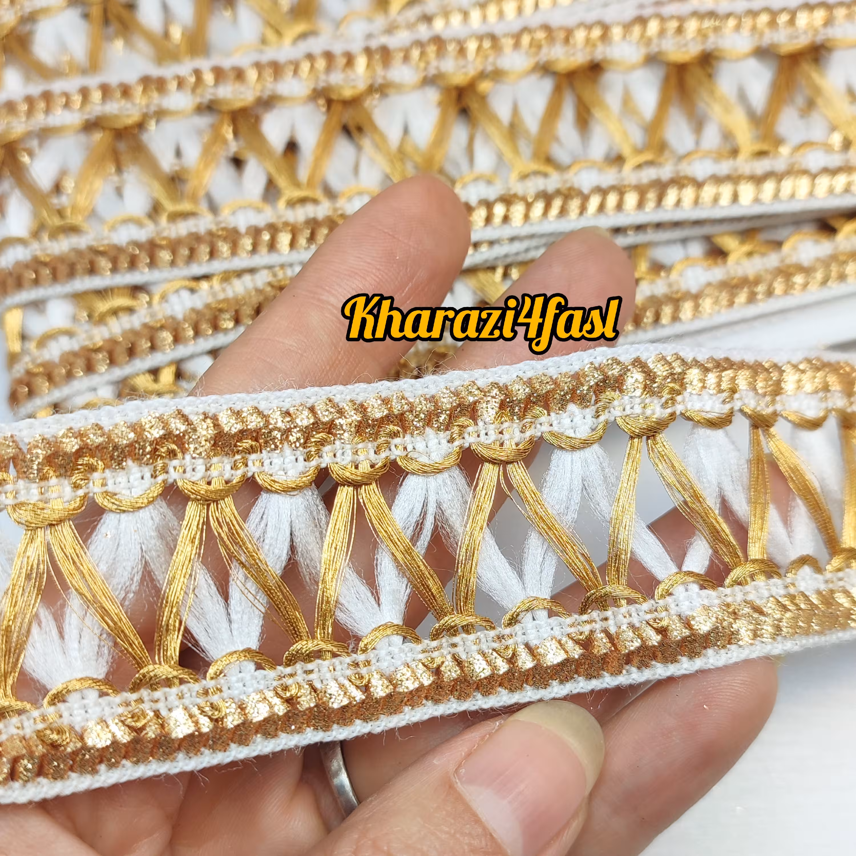 نوار هندی نوار تزئینی نوار ابریشمی لباس  سفید طلایی 