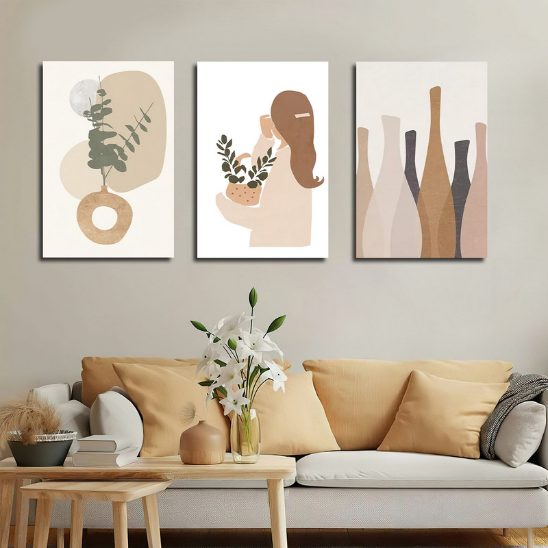 تابلو شاسی دنیای قابطرح نقاشی مدرن مینیمال گلدان مدل SH-1719 مجموعه 3 عددی | دنیای قاب