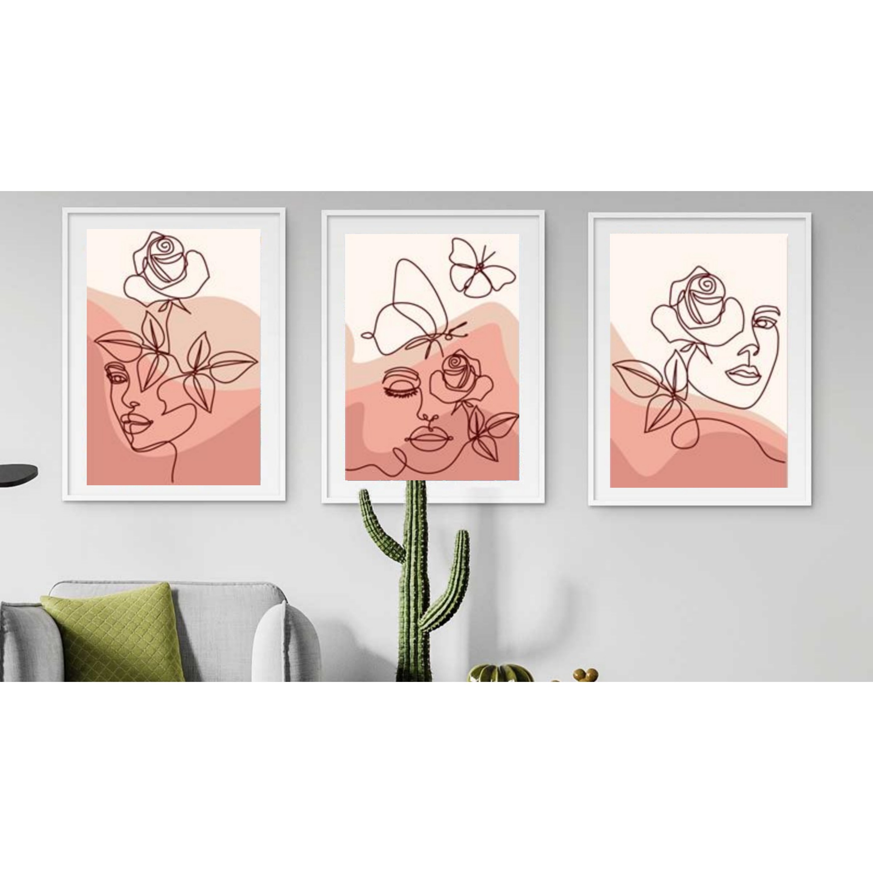 تابلو دکوراتیو مدرن ومینیمال زن وگل رز سه تکه 