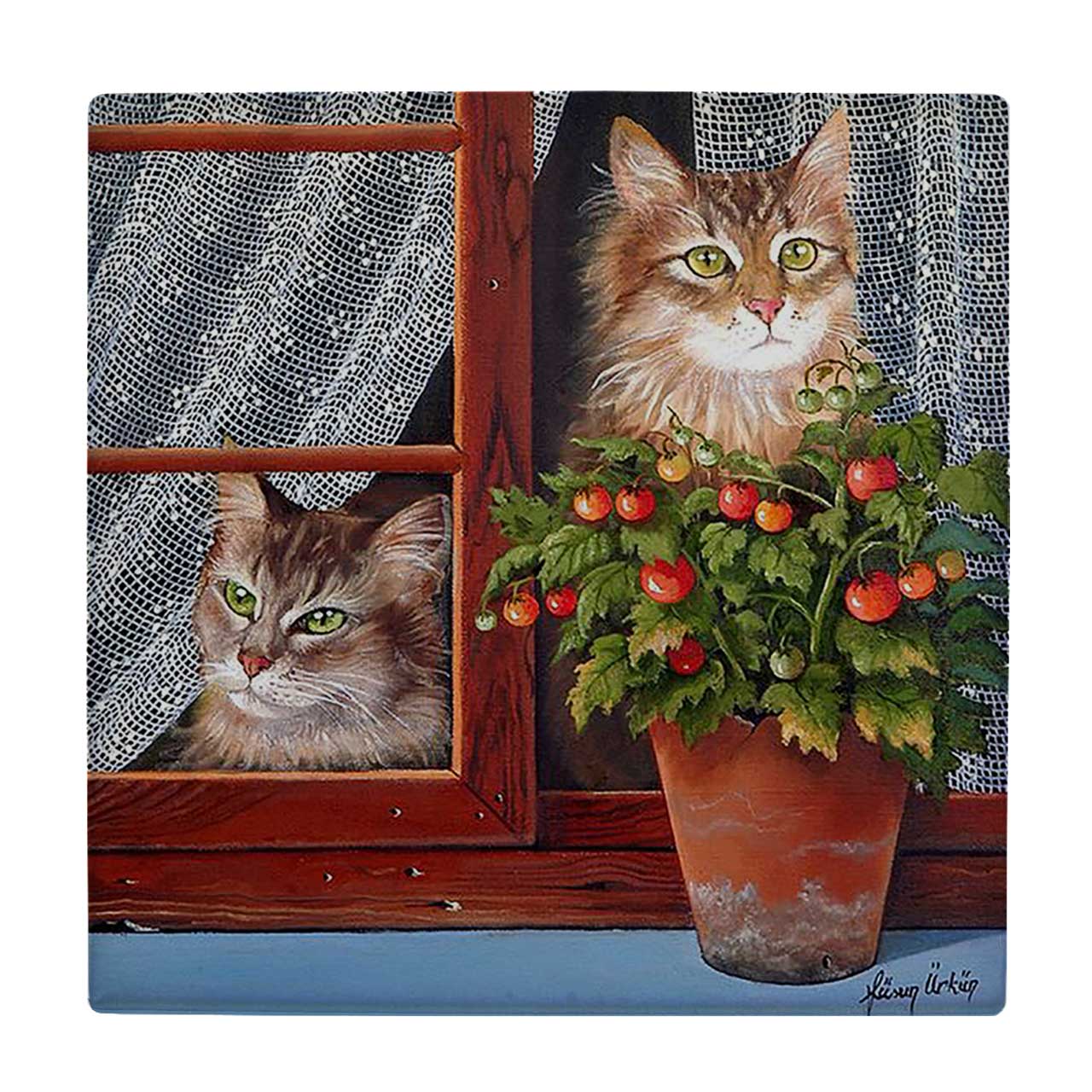 کاشی کارنیلا طرح نقاشی گلدان و گربه ها کد wkk2058