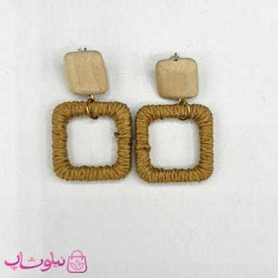 گوشواره فانتزی دخترانه کنفی طرح مربع قهوه ای رنگ کد 145