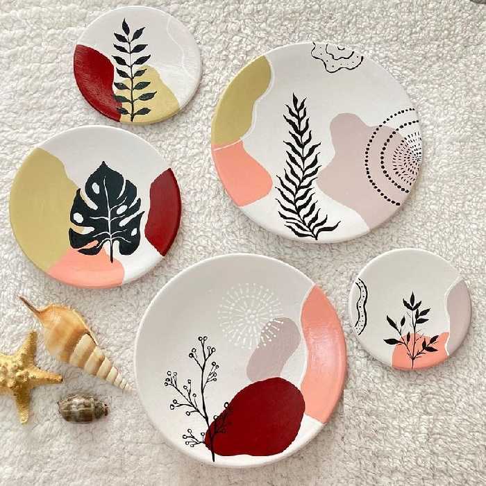 بشقاب دیوارکوب سفالی طرح مینیمال مجموعه 5 عددی