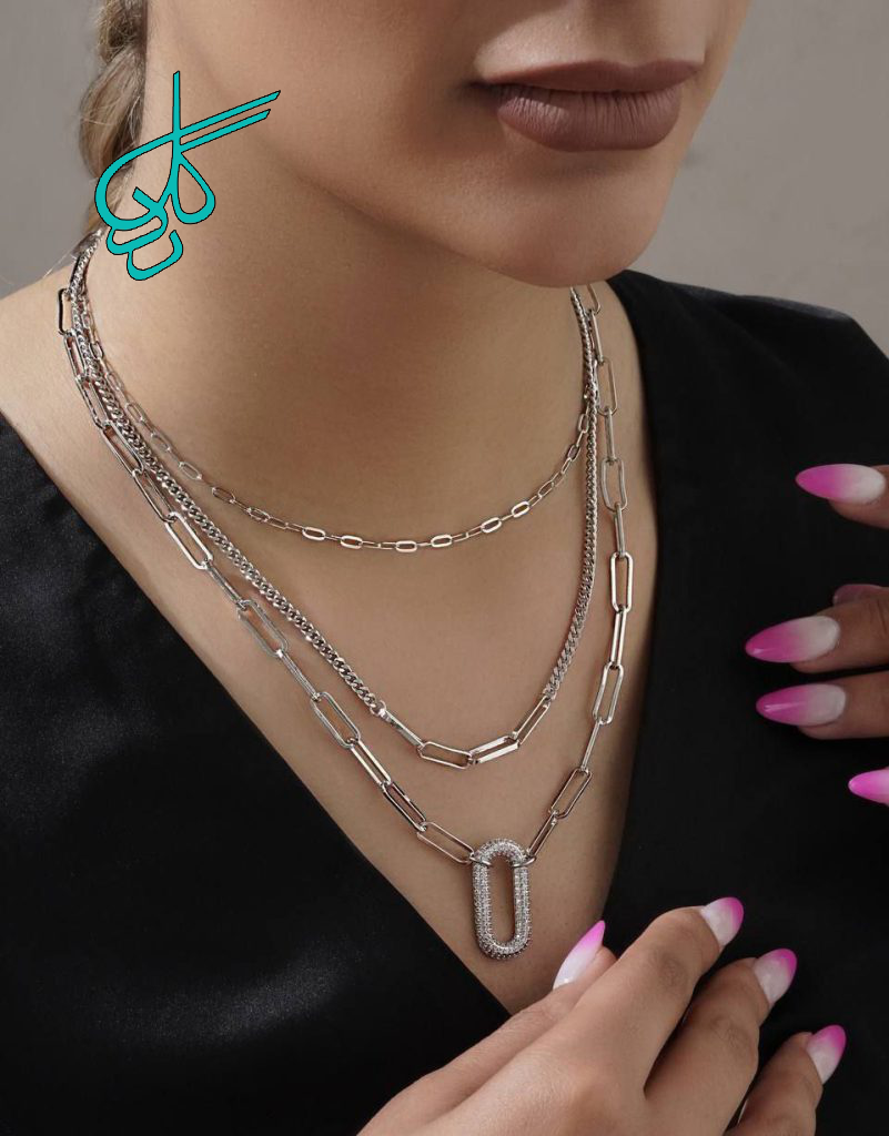 خرید گردنبند سه لاین سیلور نگین دار رنگ ثابت کیفیت عالی کد 1515393 - ردگل