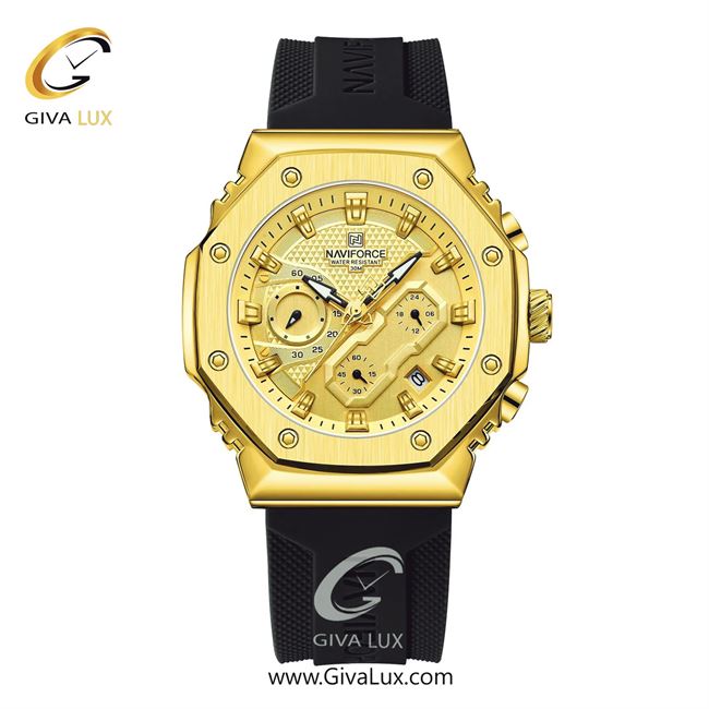 ساعت مچی اورجینال ناوی فورس مردانه سه موتوره کرنوگراف طلایی | مشکی | طلایی | کد رفرنس NF8035-G/B/B