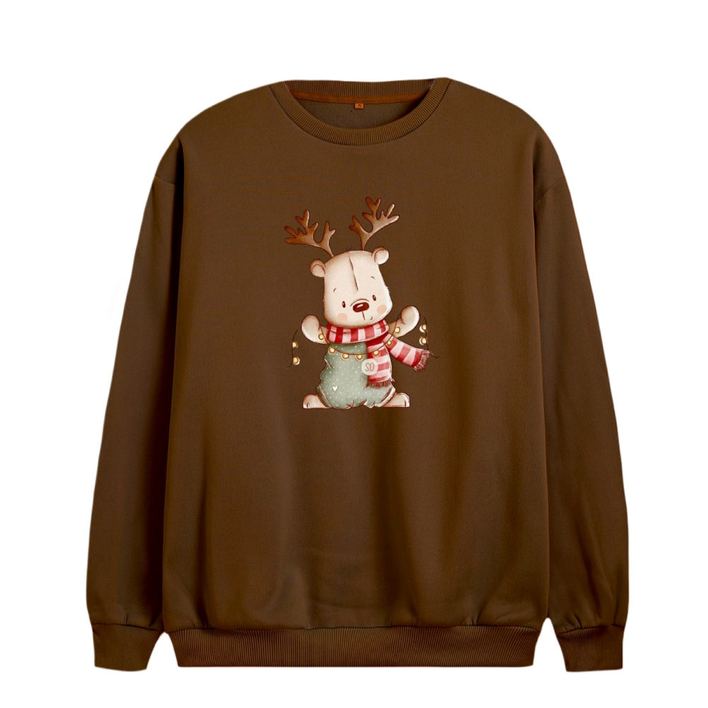 سویشرت زنانه مدل گوزن و شال گردن رنگ شکلاتی