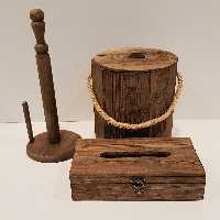 ست سطل درب دار و جادستمال 200برگ چفتدار و جادستمال رولی چوبی رنگ قهوه ای