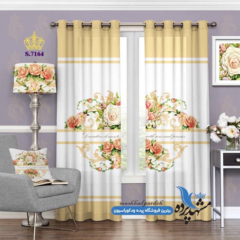 پرده پانچ گلدار طرح سبد گل با حاشیه رنگی کد S7164
