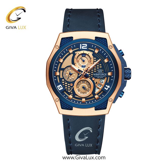 ساعت مچی اورجینال ناوی فورس مردانه سه موتوره کرنوگراف رزگلد | آبی | آبی | کد رفرنس NF8051-RG/BE/BE