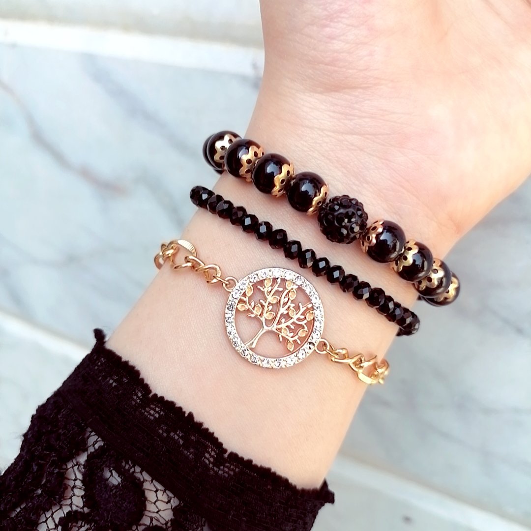 دستبند مشکی طلایی پلاک درخت نگاراا 