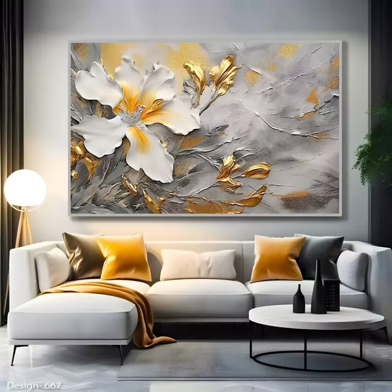 تابلو دکوراتیو  گلهای مواج یک سفید طلایی یک تیکه | دنیای قاب