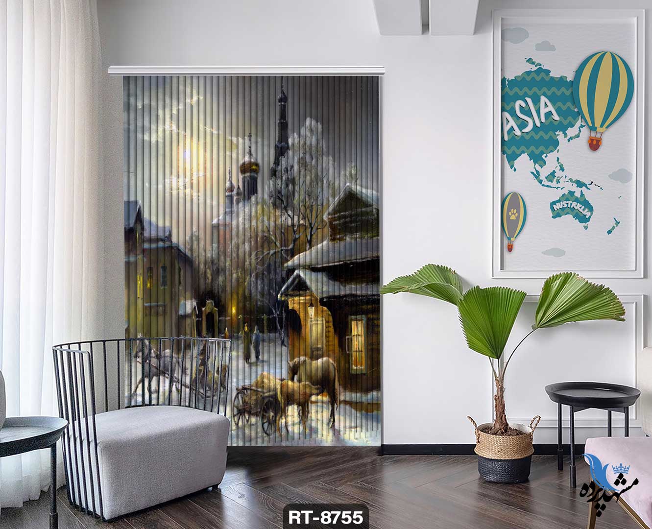 پرده شرشره تصویری طرح نقاشی کلبه زمستانی و اسب ها RT8755