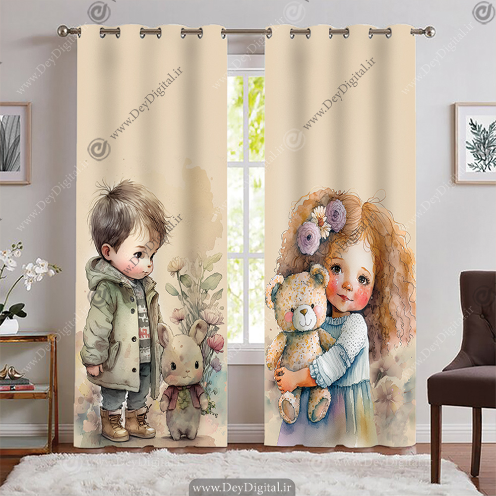 پرده پانچی فانتزی طرح دختر و پسر با عروسک خرسی تدی PK-7742