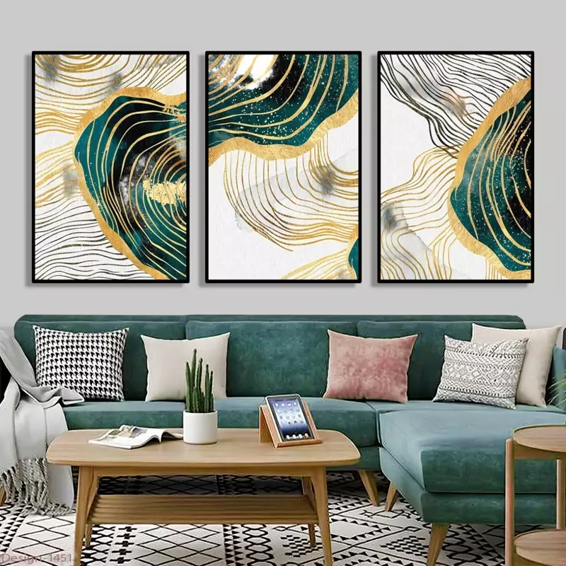 تابلو دکوراتیو مدرن خطوط گرافیکی سبزآبی سه تیکه منظم | دنیای قاب