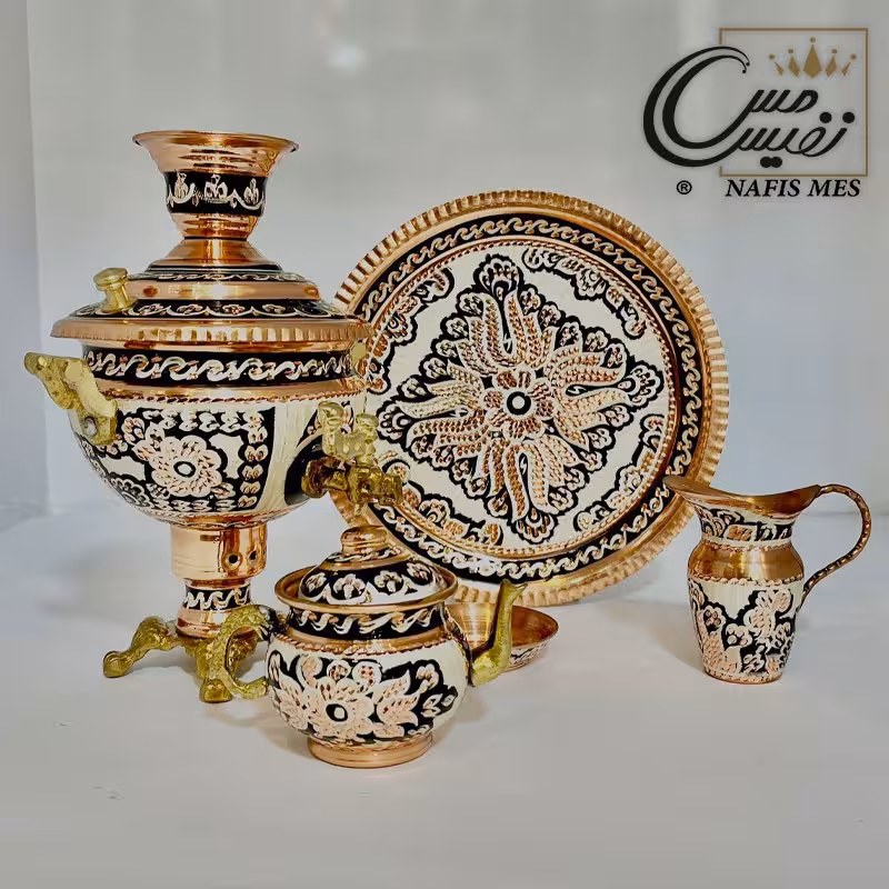 سماور مسی نقره کوب مینیاتوری طرح یاشار با سرویس کامل