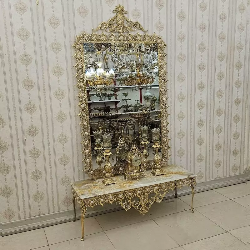 آینه و کنسول و شمعدان برنزی مدل آفتابگردان عرض 120 کد 133s ( آینه شمعدان برنجی)