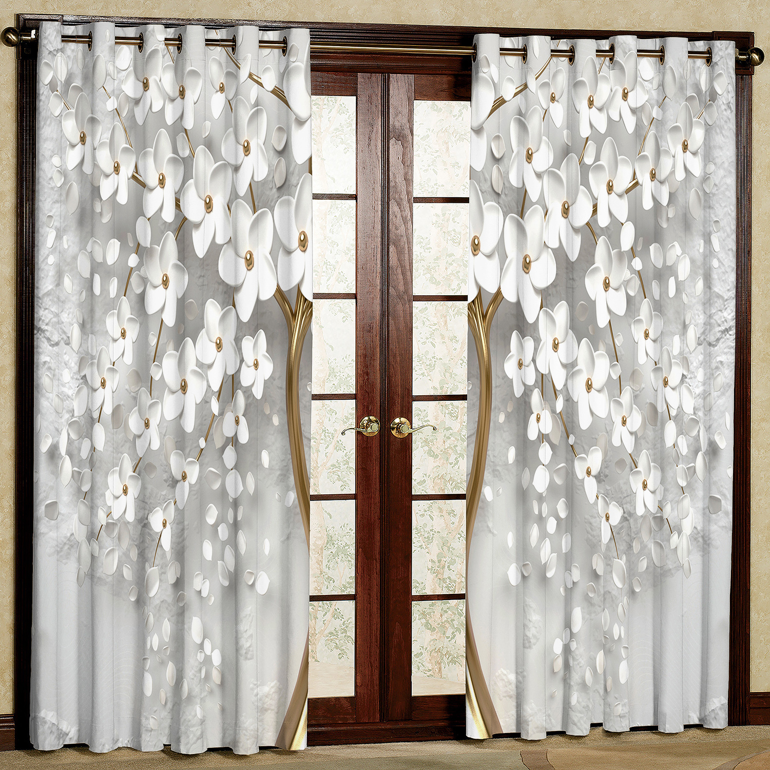 پرده مدل درخت شکوفه سفید هازان پانچی کد 1997 سایز 140x200 سانتی متر