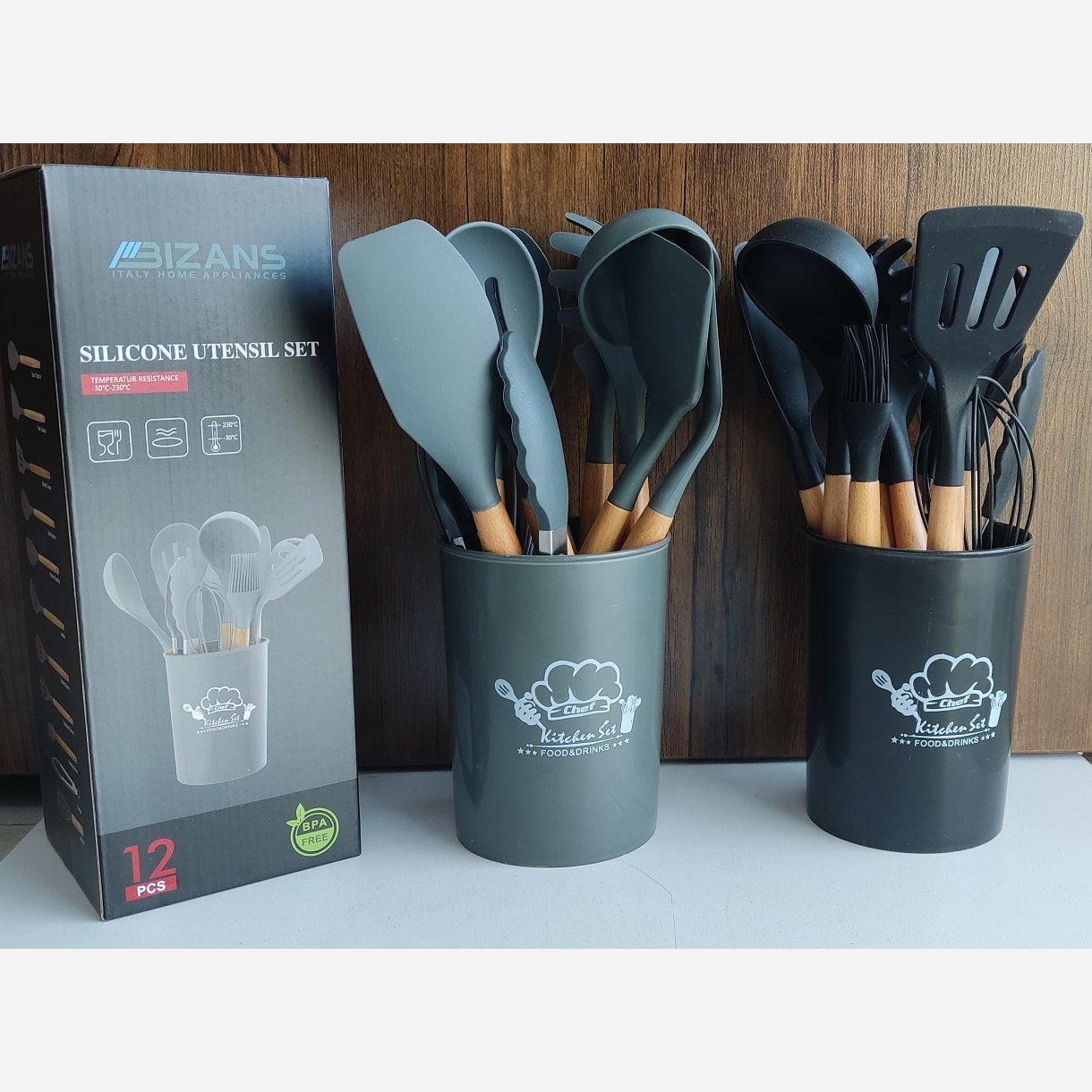 سرویس کفگیر وملاقه سلیکونی ست نسوزرنگ  دسته بامبو  برند کیچن 12پارچه  وارداتی کیفیت عالی  درجه یک هست نه درجه 2و3