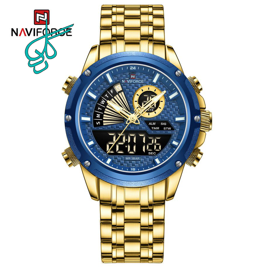 خرید ساعت مردانه فلزی مارک naviforce اصل موتور ژاپن ضدآب درحد شستشو چراغ دار دو زمانه بند استیل کد 1917006 - ردگل
