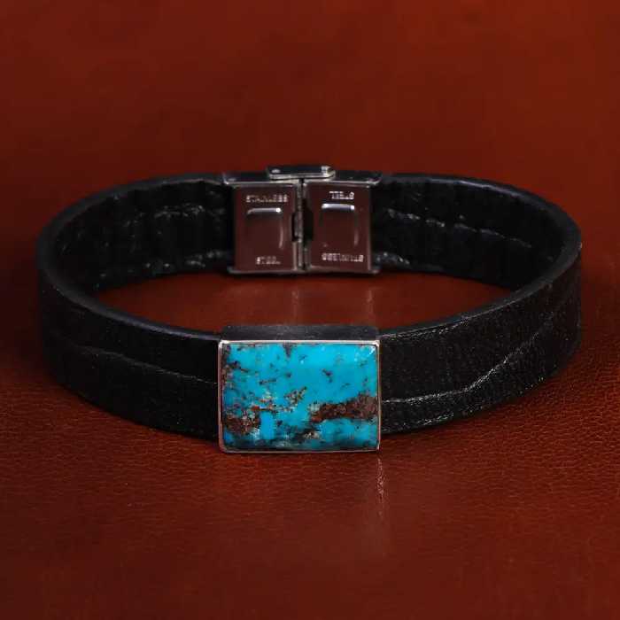 دستبند چرم فیروزه کد 23475 - جواهری مشاهیر
