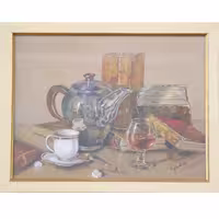 تابلو نقاشی مداد رنگی طرح کتاب و کتری چای