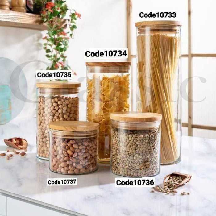 سرویس حبوبات شیشه ای ،درب بامبو،5 سایزمختلف ،مناسب حبوبات و انواع ماکاران