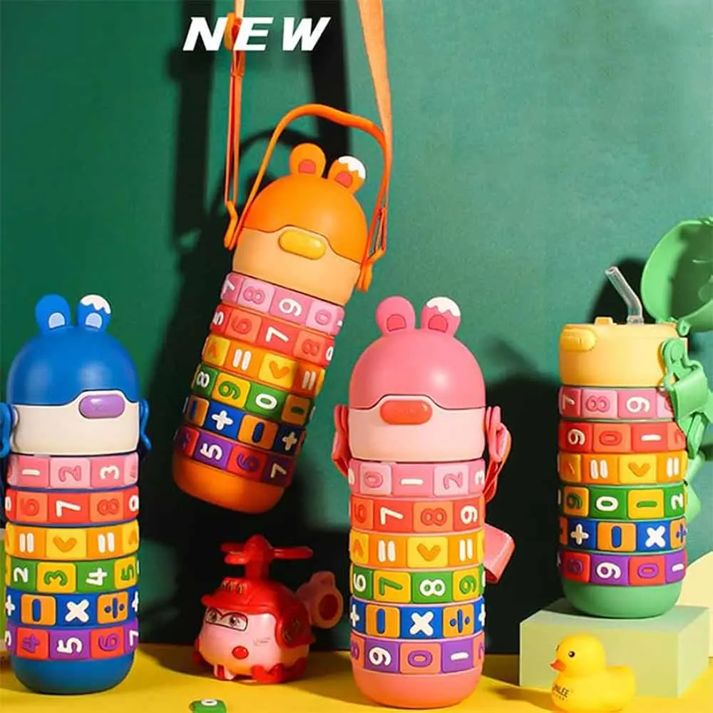 خرید قمقمه پازلی اعداد ریاضی بدنه سیلیکونی نی دار با حجم 430 میل