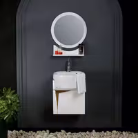 روشویی کابینتی سفید طلایی میلانو 45 به همراه آینه گرد و شلف 