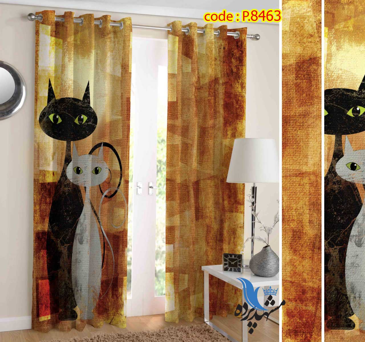 پرده پانچ طرح گربه سیاه سفید کد p8463