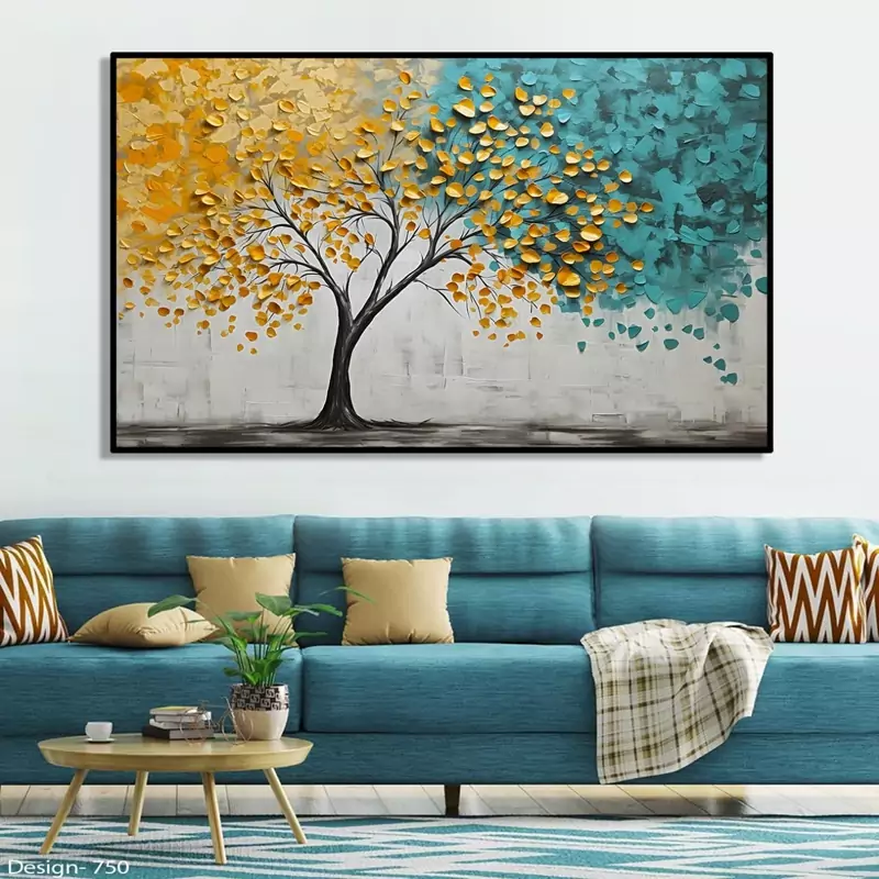 تابلو دکوراتیو مدرن مجموعه درخت طلایی آبی یک تیکه | دنیای قاب