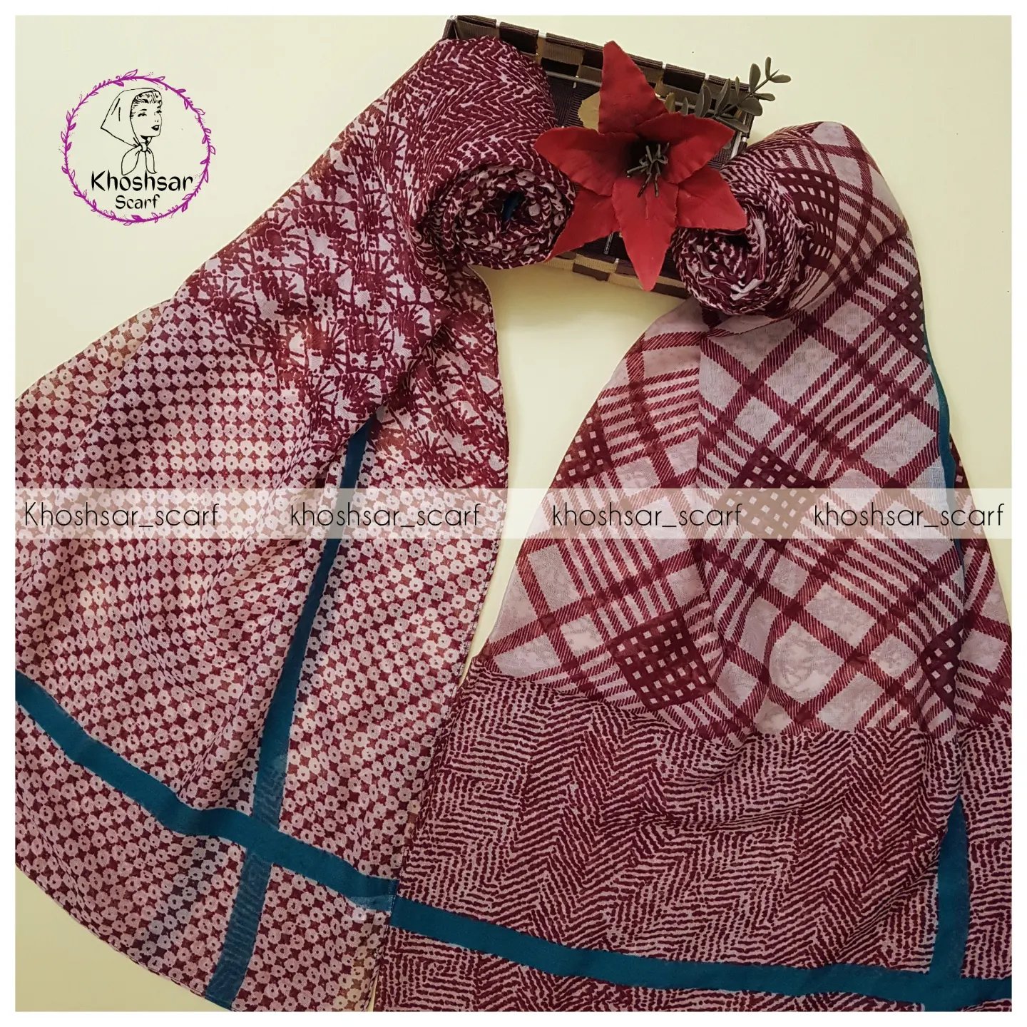 شال نخی چهارطرح خنک و سبک زرشکی آبی