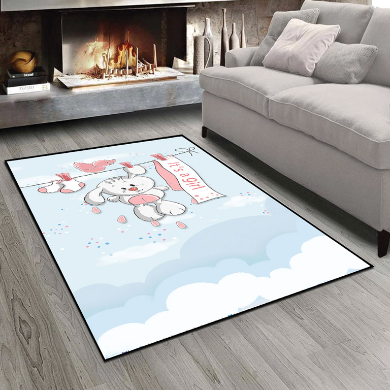 فرش چاپی طرح خرگوش عروسکی صورتی زمینه آسمان ba-4643a