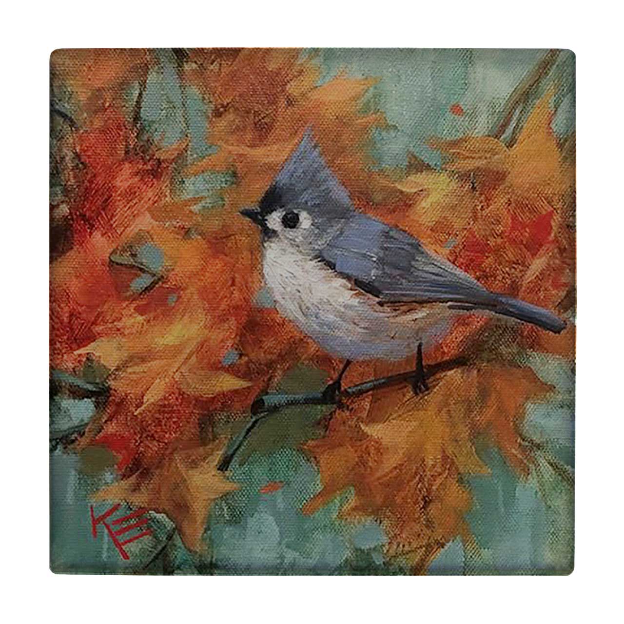 کاشی کارنیلا طرح نقاشی پرنده روی شاخه پاییزی گل مدل لوحی کد klh978