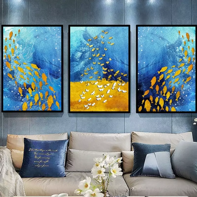 تابلو دکوراتیو مدرن  رقص پروانه و ماهی  سه تیکه منظم | دنیای قاب