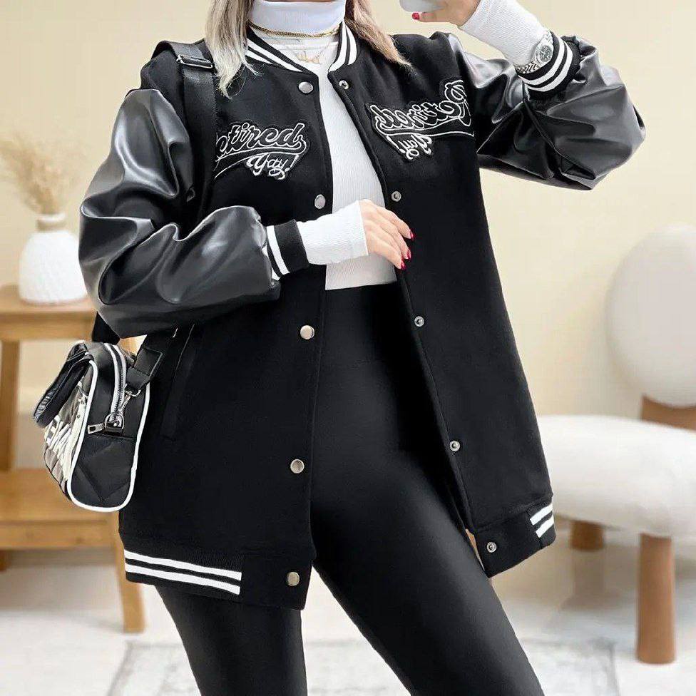 سویشرت تو کرکی بیسبالی آستین چرم چنس دورس تو کرکی بسیار کاربردی و شیک سایز فری 46تا 44 سفید و مشگی