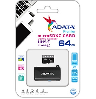 کارت حافظه میکرو اس دی ایکس سی ای دیتا پریمیر با ظرفیت 64 گیگابایت همراه با آداپتور OTG