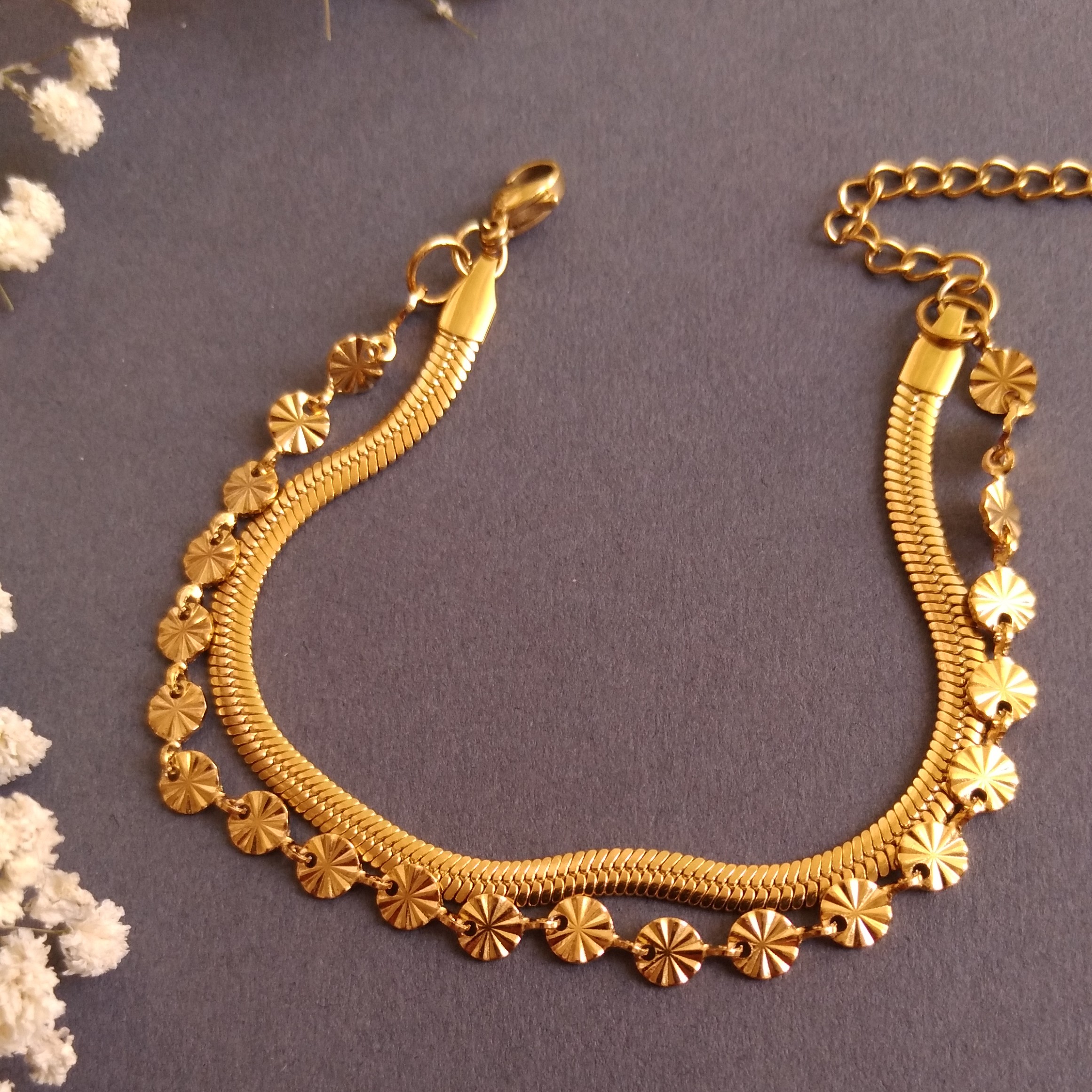 دستبند دو ردیفه استیل رنگ ثابت ،زنجیر اضافه قابلیت تغییر سایز 