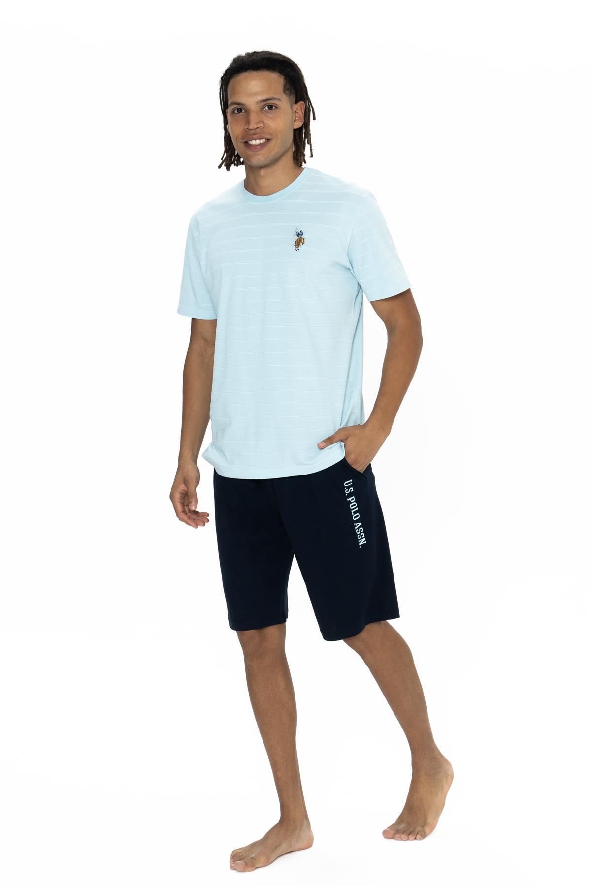 ست پیژامه آبی مردانه پایه تیم شورت های چوگان یقه دوچرخه تی شرت و جیب با US Polo Assn