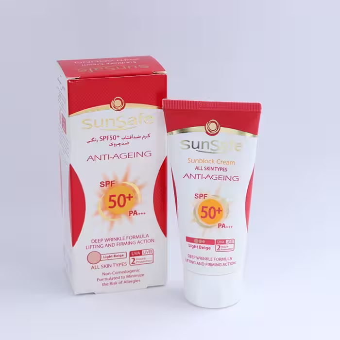 کرم ضدآفتاب و ضدچروک spf50 کرم پودری بژ روشن سان سیف 50میل 90316