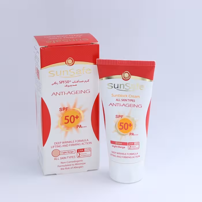کرم ضدآفتاب و ضدچروک spf50 کرم پودری بژ روشن سان سیف 50میل 90316