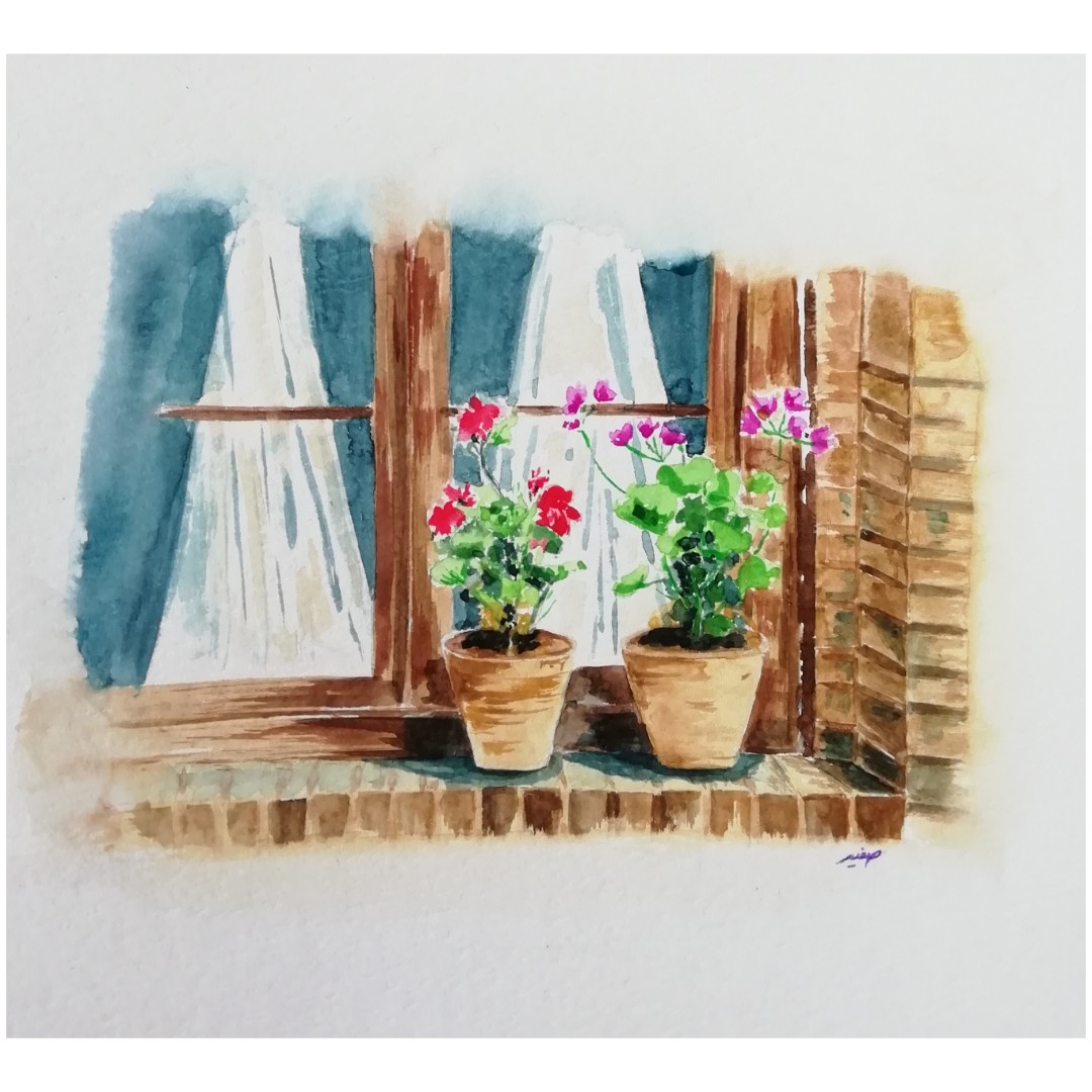تابلو نقاشی آبرنگ طرح پنجره و شمعدونی