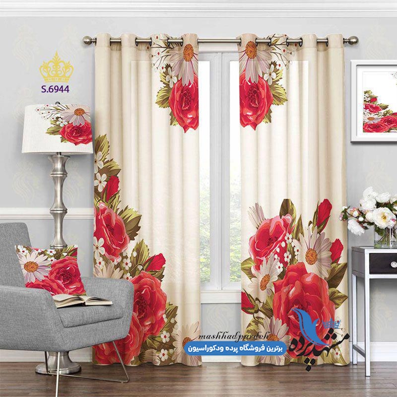 پرده پانچ گلدار طرح نقاشی گل رُز و گل داوودی کد s-6944